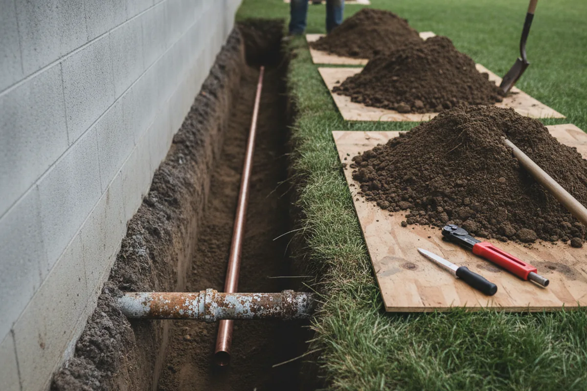 Excavated water line trench during Sewer Line Repair in Bloomington